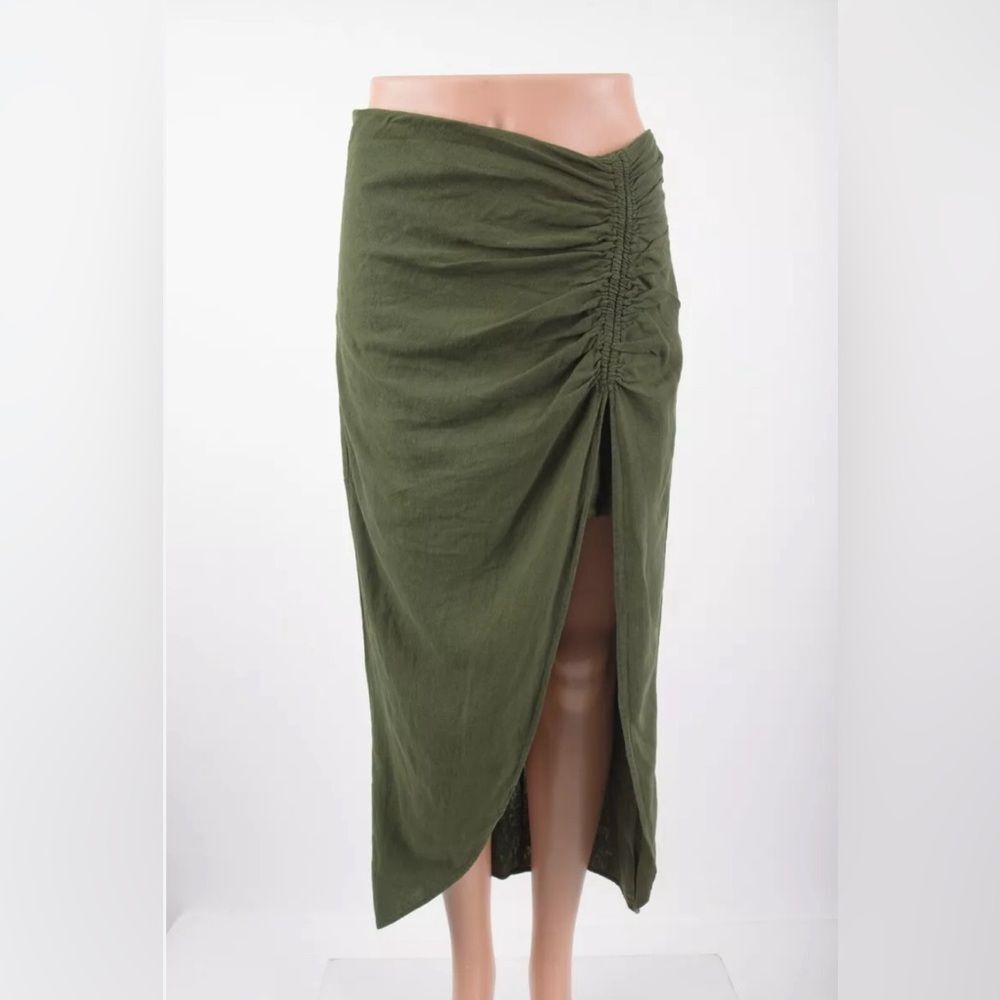 Zara olive green cinched side slit zip linen skirt